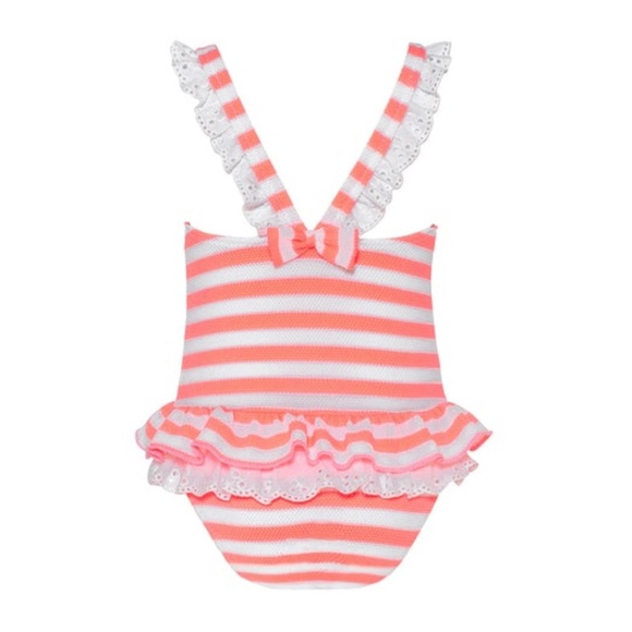 Sunuva Swimsuit, 12-18 months, eyelet ruffles, neon pink and white stripes, bow - Picture 3 of 3